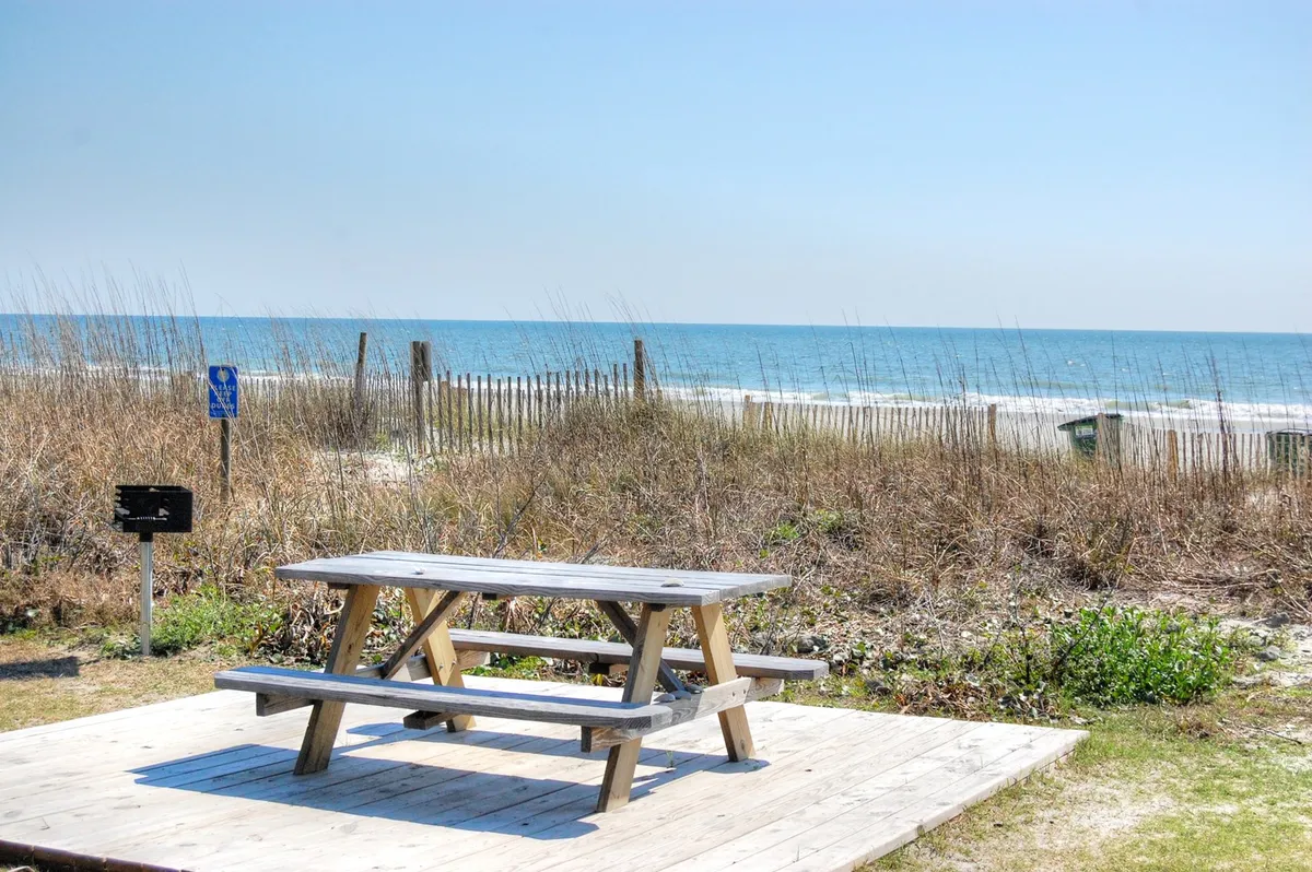 A serene exterior scene featuring a wooden picnic table, distant ocean views, and lush natural grass and shrubs. The setting suggests peaceful mornings, sunset picnics, or quiet afternoons enjoying the scenery.