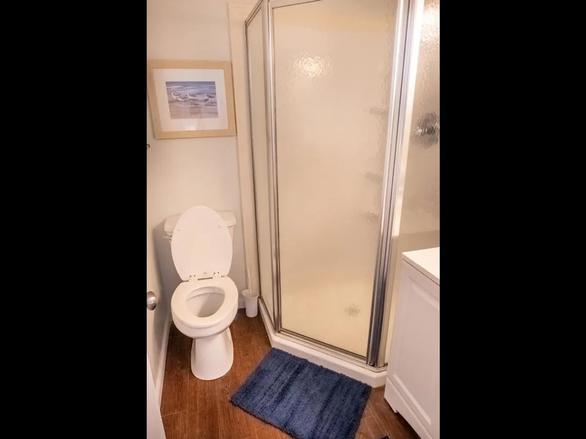 A bathroom with a fresh blue bath mat, toilet, shower, and a framed beach-themed picture. The space feels clean and calm, with subtle coastal accents, ideal for refreshing after a day out.