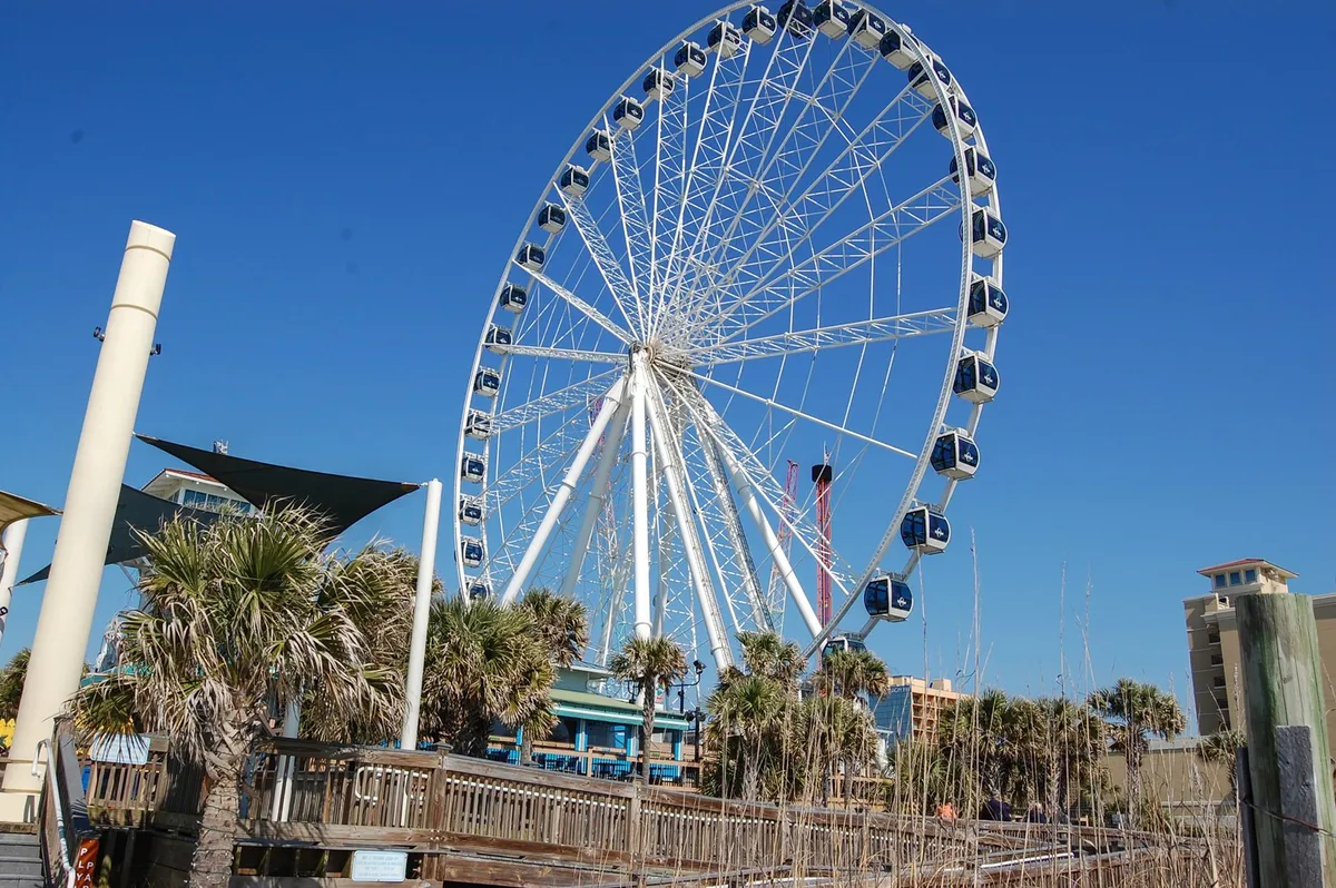 This lively scene captures a vibrant ferris wheel, palm trees, and the bustling boardwalk, surrounded by buildings and animated with people enjoying rides and local attractions.