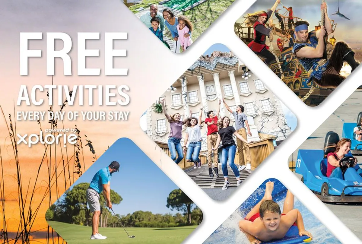 A vibrant exterior scene showcasing families and children enjoying a variety of activities, from golfing and adventure sports to amusement park rides and water activities, all set against scenic surroundings. The mood is joyful and energetic, capturing the essence of shared vacation experiences.
